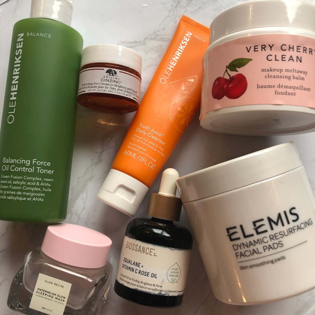 skincare, beauty, elemis, biossance, glow recipe, olehenriksen, farmacy, origins, eye cream, cleanser, toner, makeup remover, serum, face mask
