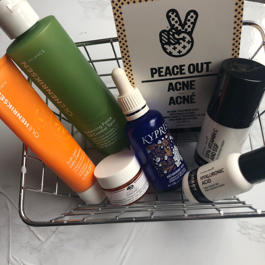 skincare, skincare routine, skincare products, skincare morning routine, cleanser, olehenriksen, toner, the inkey list, hyaluronic acid, vitamin c, kypris, moisturizer, origins, eye cream, peace out, peace out acne patches