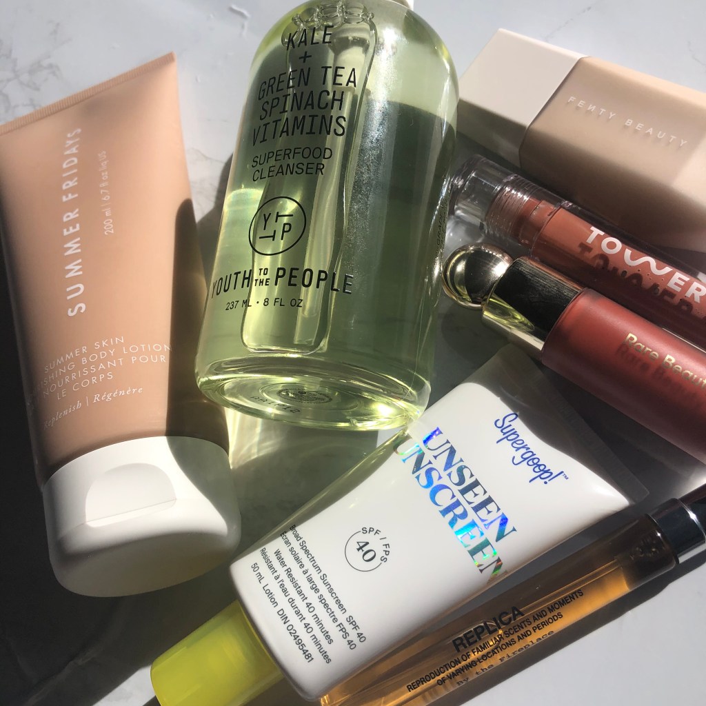 A order from Sephora Canada made during their semi-annual sale. Products include body lotion from Summery Fridays, cleanser from Youth to the People, skin tint from Fenty Beauty, gloss from Tower28, blush from Rare Beauty, sunscreen from Supergoop and a perfume from Replica