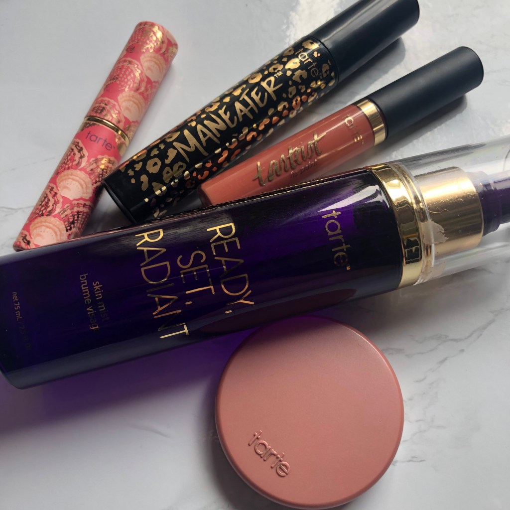 Tarte blush, setting mist, liquid lipstick, lip balm and mascara.