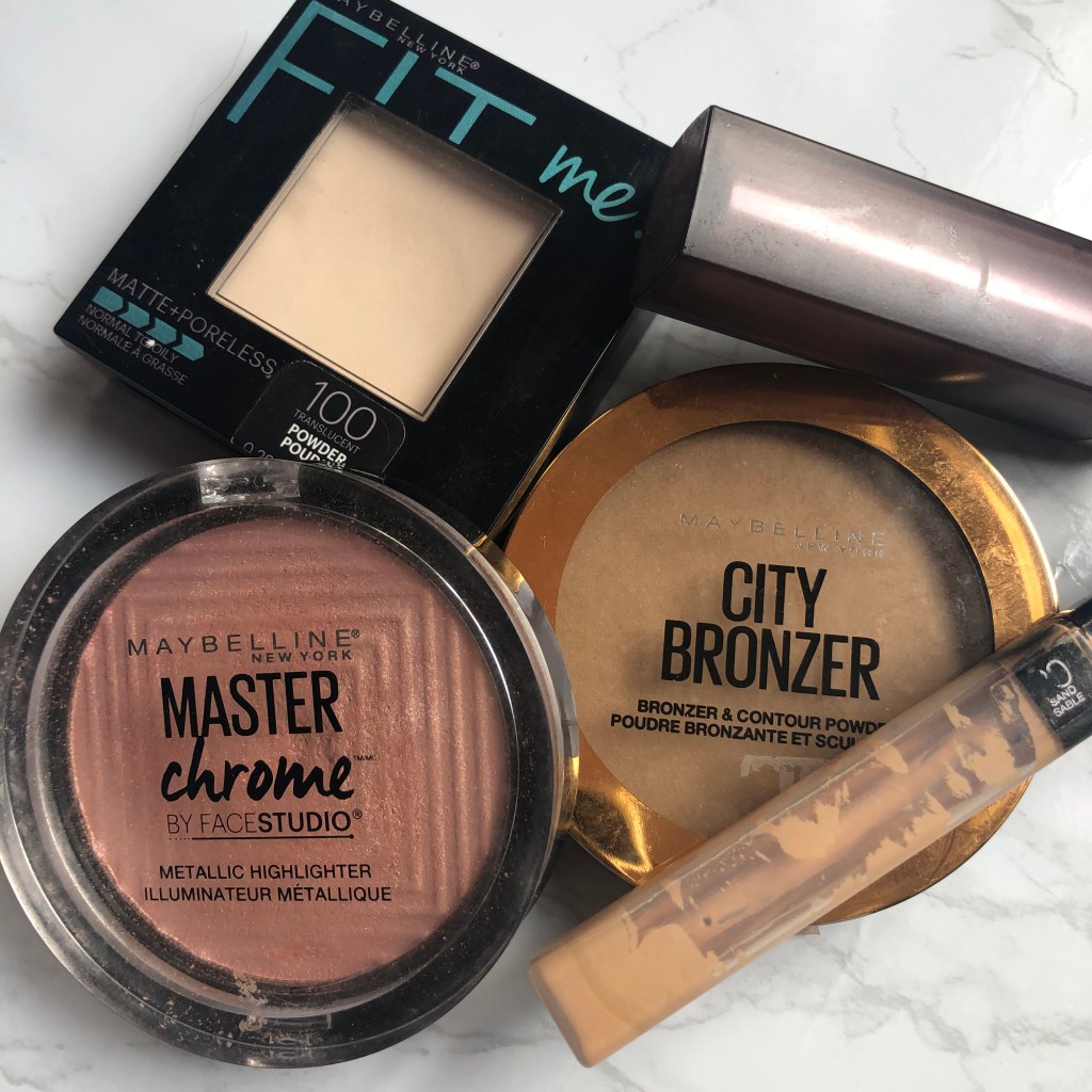 Maybelline bronzer, highlight, powder, concealer and lipstick