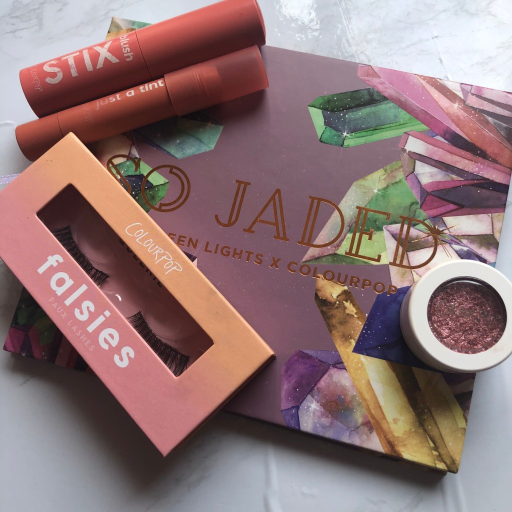 Colourpop eyeshadows, false lashes, blush and lip tint