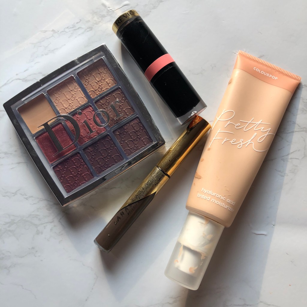 Makeup products that missed the mark: Dior Backstage Eyeshadow palette, Revlon Super Lustrous Glass Shine Lipstick, Anastasia Beverly Hills Dipbrow Gel and Colourpop Hyaluronic Tinted Moisturizer. 
